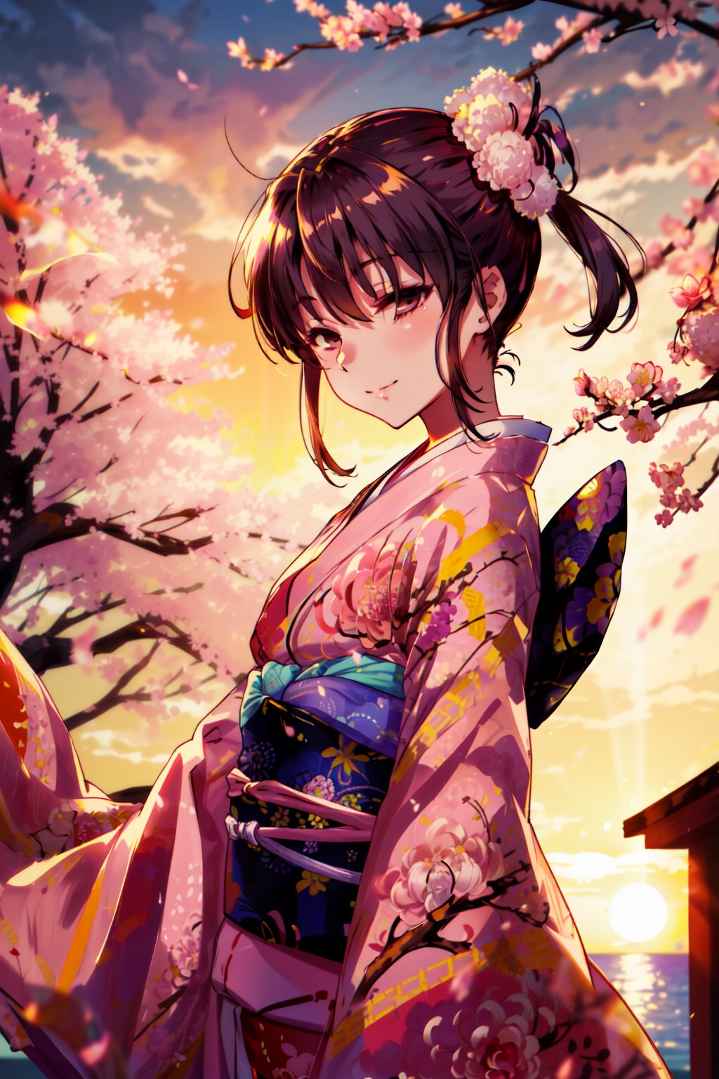masterpiece,best quality,1girl,ryougi shiki,sash,floral print,kanzashi,sidelocks,short ponytail,multicolored kimono,obijim...